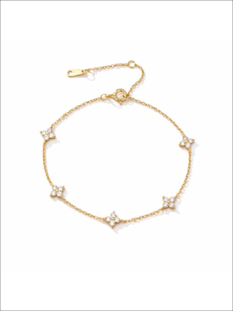 18k Gold Plated Clover Station Bracelet, 925 Sterling Silver Chain With Cubic